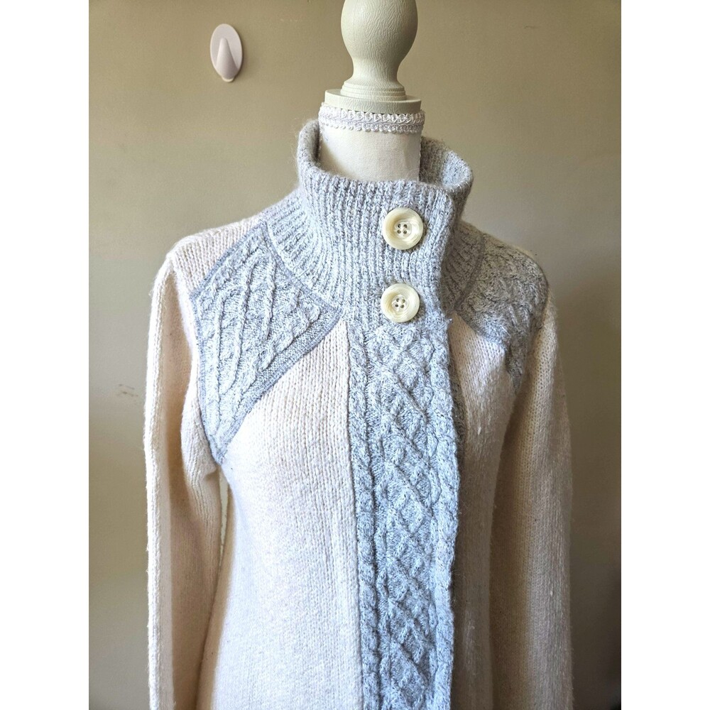 prAna Cable Knit Wool Blend Angelica Duster Cardigan Ivory Gray Women’s Size M